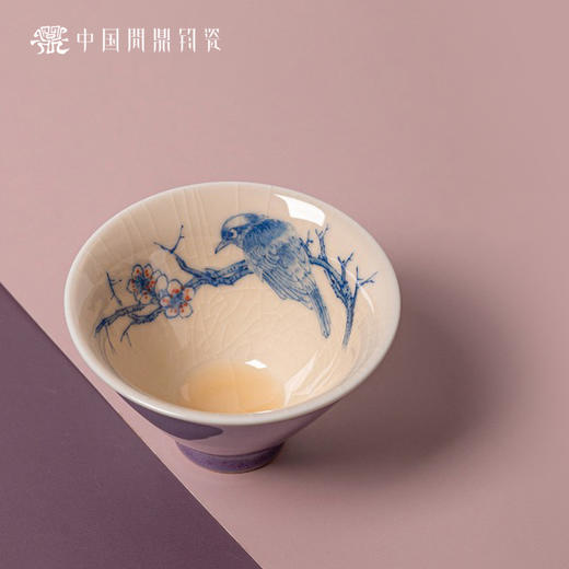问鼎钧瓷鹅黄青花斗笠杯（喜鹊登枝）（缺货） 商品图0