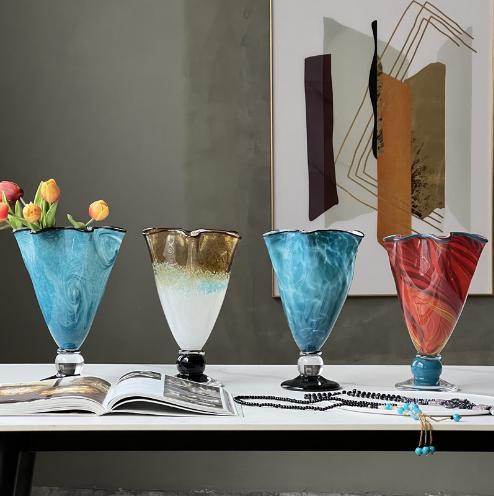 中古风高脚渐变花口褶皱风灯花瓶家居软装酒店设计创意玻璃装饰品 商品图0