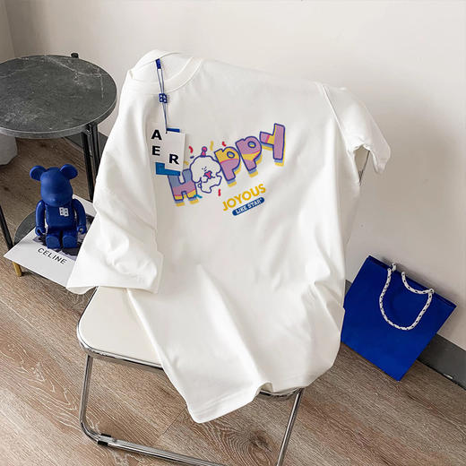 「230g重磅纯棉」HAPPY兔子-短袖t恤女2024年新款宽松韩版潮牌美式上衣 商品图2