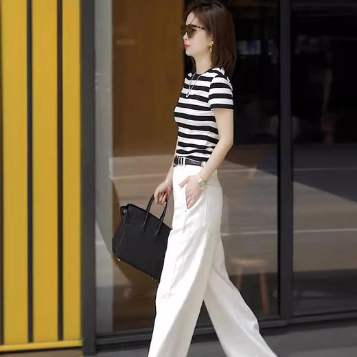 雀说 【天丝】莱赛尔高端夏季针织T恤女条纹圆领正肩显瘦短袖上衣4ZF-XP019 商品图2