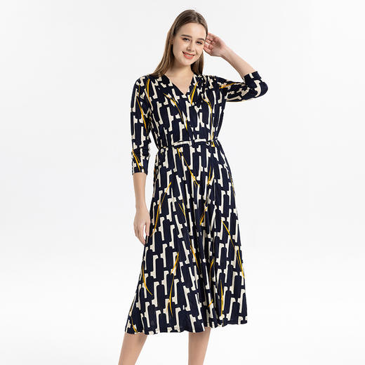 福利款~丁摩 真丝印花七分袖连衣裙夏季女士V领桑蚕丝裙子针织收腰大摆裙4ZF-24004 商品图2