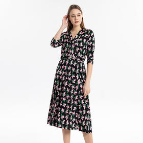 福利款~丁摩 真丝印花七分袖连衣裙夏季女士V领桑蚕丝裙子针织收腰大摆裙4ZF-24004