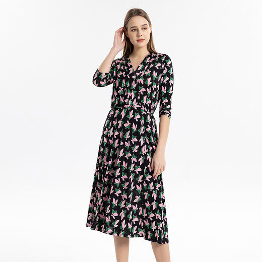 福利款~丁摩 真丝印花七分袖连衣裙夏季女士V领桑蚕丝裙子针织收腰大摆裙4ZF-24004 商品图0