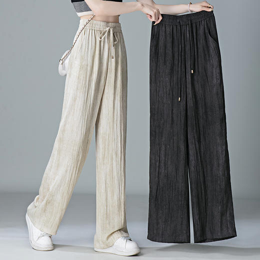 福利款~雀说 亚麻粉色晕染休闲裤女松紧腰夏季薄款宽松窄版阔腿长裤子4ZF-2865 商品图1