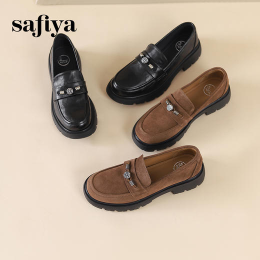 Safiya/索菲娅2024复古圆头英伦风粗跟金属扣百搭软底乐福鞋 SF43112065 商品图3