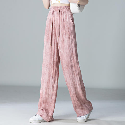 福利款~雀说 亚麻粉色晕染休闲裤女松紧腰夏季薄款宽松窄版阔腿长裤子4ZF-2865 商品图0