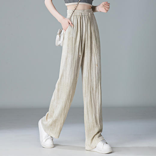 福利款~雀说 亚麻粉色晕染休闲裤女松紧腰夏季薄款宽松窄版阔腿长裤子4ZF-2865 商品图5