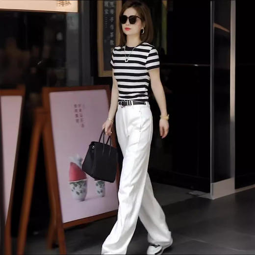 雀说 【天丝】莱赛尔高端夏季针织T恤女条纹圆领正肩显瘦短袖上衣4ZF-XP019 商品图1