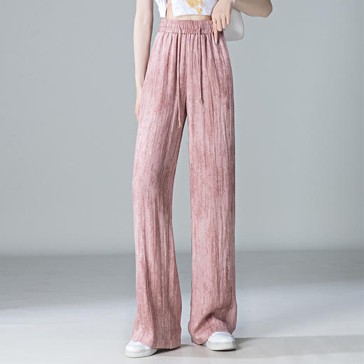 福利款~雀说 亚麻粉色晕染休闲裤女松紧腰夏季薄款宽松窄版阔腿长裤子4ZF-2865 商品图7
