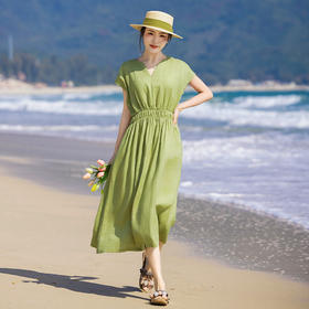 YMS452 2024夏季新款原创高端纯亚麻连衣裙简约V领连袖优雅风高腰大摆裙