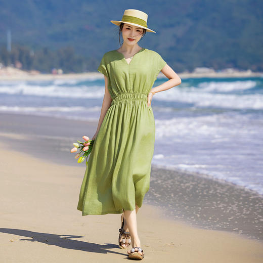 YMS452 2024夏季新款原创高端纯亚麻连衣裙简约V领连袖优雅风高腰大摆裙 商品图0