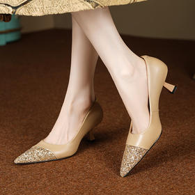 【预售5天】细跟尖头浅口亮片单鞋，牛皮韩版时尚复古中跟鞋HYDD&C0635