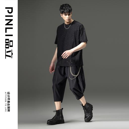 PINLI品立男士半袖体恤夏季新款圆领宽松烫银短袖T恤青年潮牌上衣B242111171 商品图1