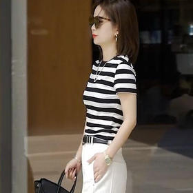 雀说 【天丝】莱赛尔高端夏季针织T恤女条纹圆领正肩显瘦短袖上衣4ZF-XP019
