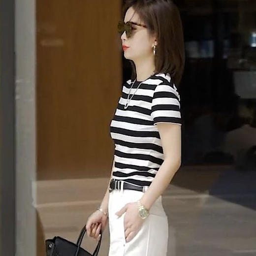 雀说 【天丝】莱赛尔高端夏季针织T恤女条纹圆领正肩显瘦短袖上衣4ZF-XP019 商品图0