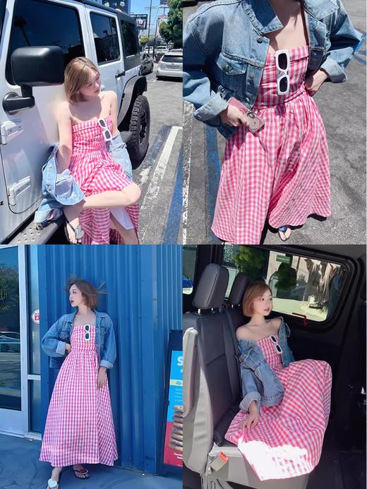 清仓捡漏  LINCHAOZHANG 格子抹胸连衣裙女新款夏季复古粉色收腰气质无袖a字裙LL240508 商品图1