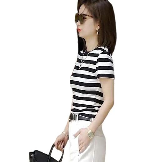 雀说 【天丝】莱赛尔高端夏季针织T恤女条纹圆领正肩显瘦短袖上衣4ZF-XP019 商品图4