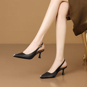 OLDH3375 韩版尖头浅口细跟包头凉鞋春夏季高跟跟金属头后空黑色真皮单鞋女