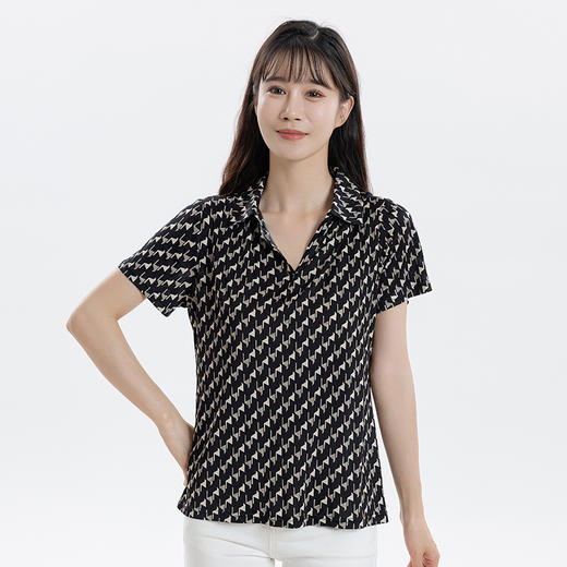 福利款~丁摩 真丝翻领女式T恤夏季桑蚕丝宽松大码时尚短袖上衣4ZF-24050 商品图3