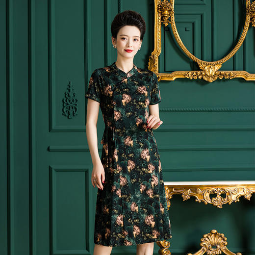 福利款~丁摩 桑蚕丝针织真丝气质长裙修身显瘦印花女士真丝连衣裙4ZF-F3531 商品图5