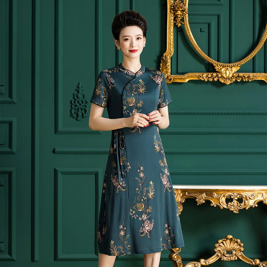 福利款~丁摩 桑蚕丝针织真丝气质长裙修身显瘦印花女士真丝连衣裙4ZF-F3531 商品图1