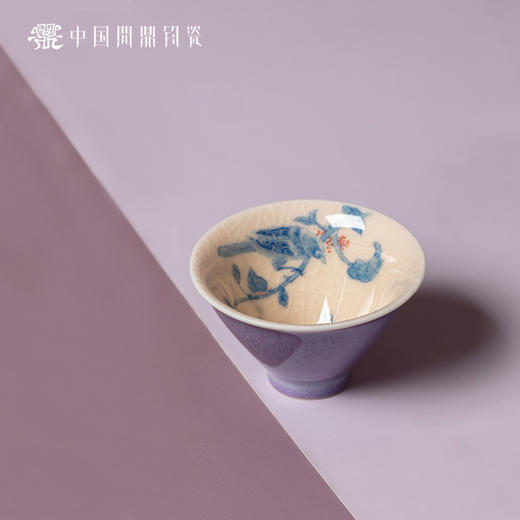 问鼎钧瓷鹅黄青花斗笠杯（喜鹊踏枝）（缺货） 商品图0