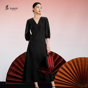 TANGY Collection天意精品2024秋季新品中国风V领中长款女士连衣裙