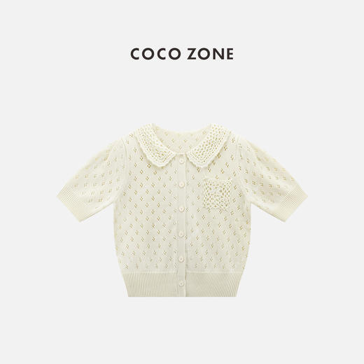 COCO ZONE 复古镂空翻领短袖针织开衫单排扣上衣CC2B1202 商品图0
