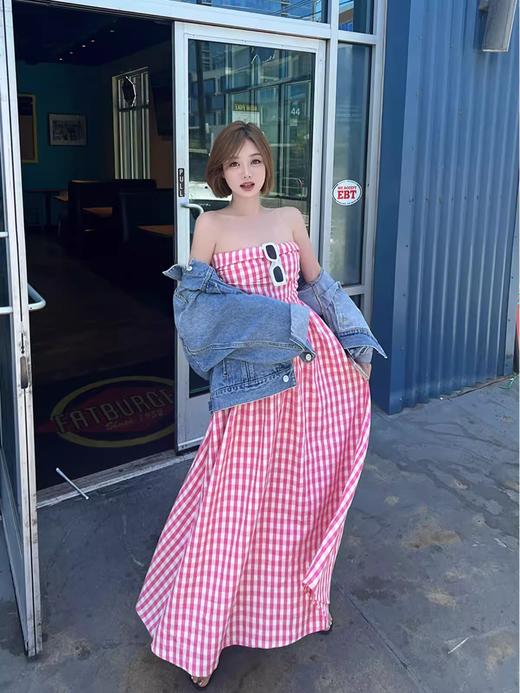 清仓捡漏  LINCHAOZHANG 格子抹胸连衣裙女新款夏季复古粉色收腰气质无袖a字裙LL240508 商品图0