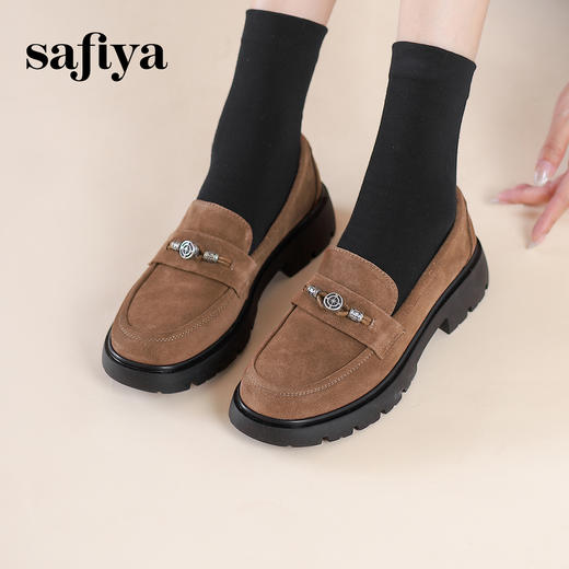 Safiya/索菲娅2024复古圆头英伦风粗跟金属扣百搭软底乐福鞋 SF43112065 商品图0