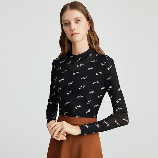 EITIE爱特爱弹力针织网纱印花修身显瘦打底衫长袖T恤秋季新款C2413420 商品图3