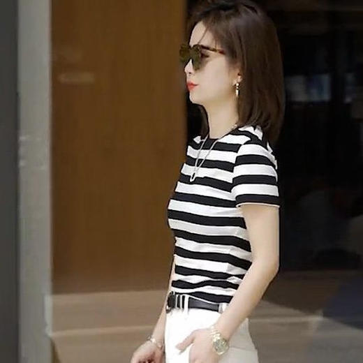雀说 【天丝】莱赛尔高端夏季针织T恤女条纹圆领正肩显瘦短袖上衣4ZF-XP019 商品图3