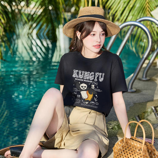 「功夫熊猫联名！重磅纯棉」猫十二圆领短袖T恤 2024新款夏季上衣女棉质体恤潮 商品图1