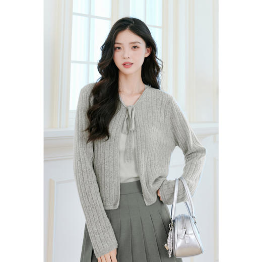 【严选】【心动毛衣】诗凡黎灰色镂空系带针织开衫2024秋新款软糯时髦上衣SF6331401 商品图0