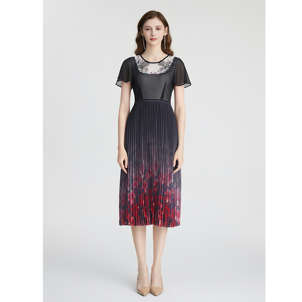 司歌国风短袖连衣裙渐变雪纺印花蕾丝A871038