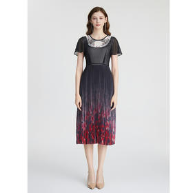 司歌国风短袖连衣裙渐变雪纺印花蕾丝A871038