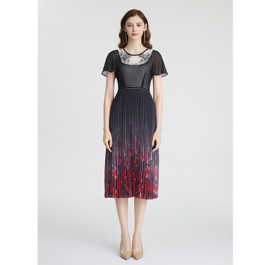 司歌国风短袖连衣裙渐变雪纺印花蕾丝A871038 商品图0