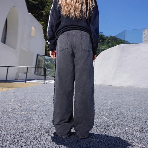 ACEYKYB秋季长裤新款猫须毛边水洗黑裤子潮流美式街头宽松直筒牛仔裤 商品图4