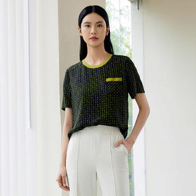 玳莎老花风圆领真丝T恤女2024年秋季新款时尚复古双绉短袖上衣  EC31101