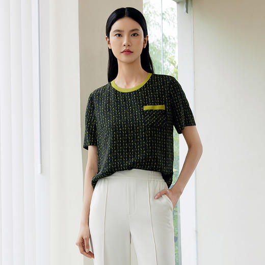 玳莎老花风圆领真丝T恤女2024年秋季新款时尚复古双绉短袖上衣  EC31101 商品图0