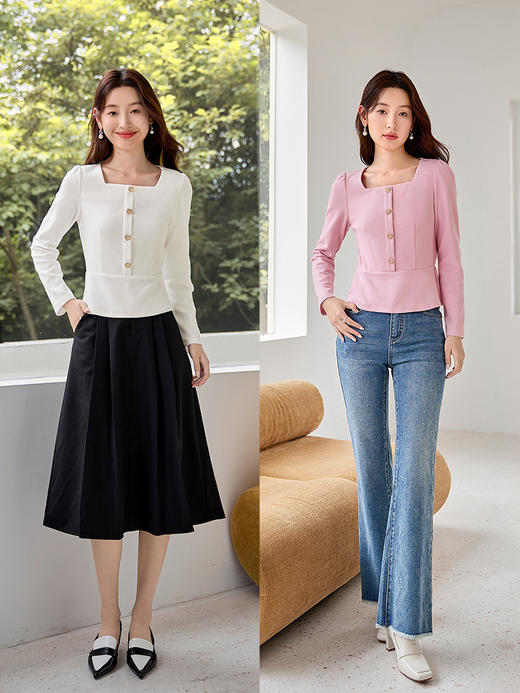 【五折购】熙世界法式方领针织衫女2025秋季新款收腰时尚洋气长袖T恤上衣 商品图4