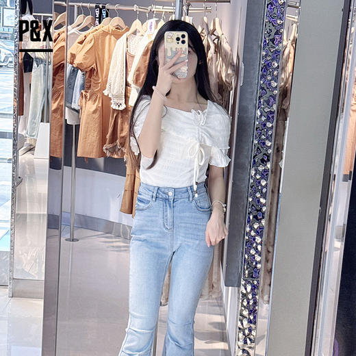 P&X设计师女装夏季法式一字肩修身甜美方领T恤 824202520 杏色 商品图3