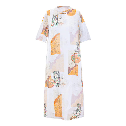 HM-S425中式苎麻印花改良旗袍日常服盘扣立领斜襟中袖文艺连衣裙春季新款 商品图4