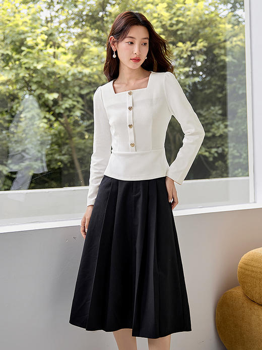 【五折购】熙世界法式方领针织衫女2025秋季新款收腰时尚洋气长袖T恤上衣 商品图2