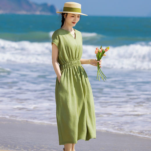 HM-S452夏季新款原创高端纯亚麻连衣裙简约V领连袖优雅风高腰大摆裙 商品图1