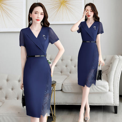 HR-WX866-59夏季新款时尚气质优雅蕾丝拼接纯色连衣裙配腰带 商品图3