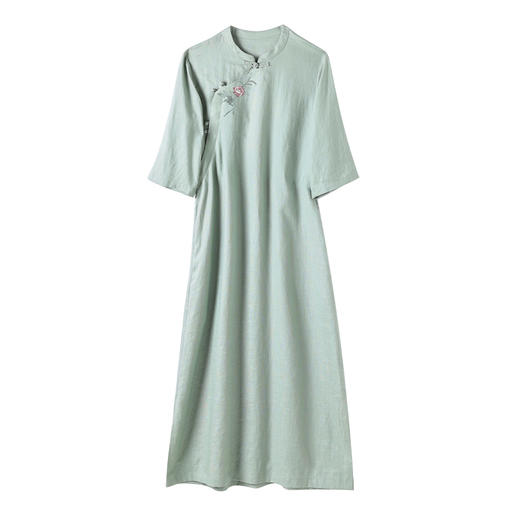 HM-S436国风复古亚麻绣花改良旗袍中式文艺斜襟立领五分袖连衣裙女侧开叉 商品图4