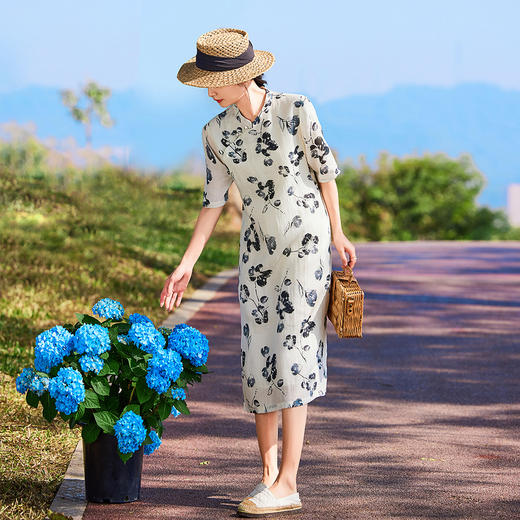 HM-S435春夏新款高端苎麻印花改良旗袍原创女装立领中袖文艺复古连衣裙 商品图0