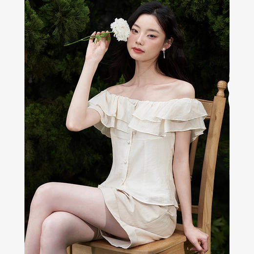 夏日清新气质一字肩荷叶边衬衫女夏季法式氛围感修身衬衣V0041730 商品图2