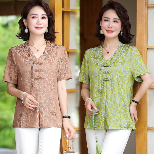 MC 2421夏装V领仿真丝小衫宽松洋气缎面上衣 商品图1